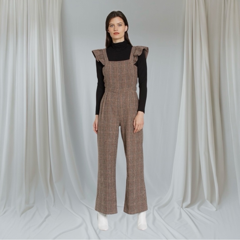 Anthropologie DRA  Huntsman Plaid Ruffle Brown Jumpsuit With Pockets
